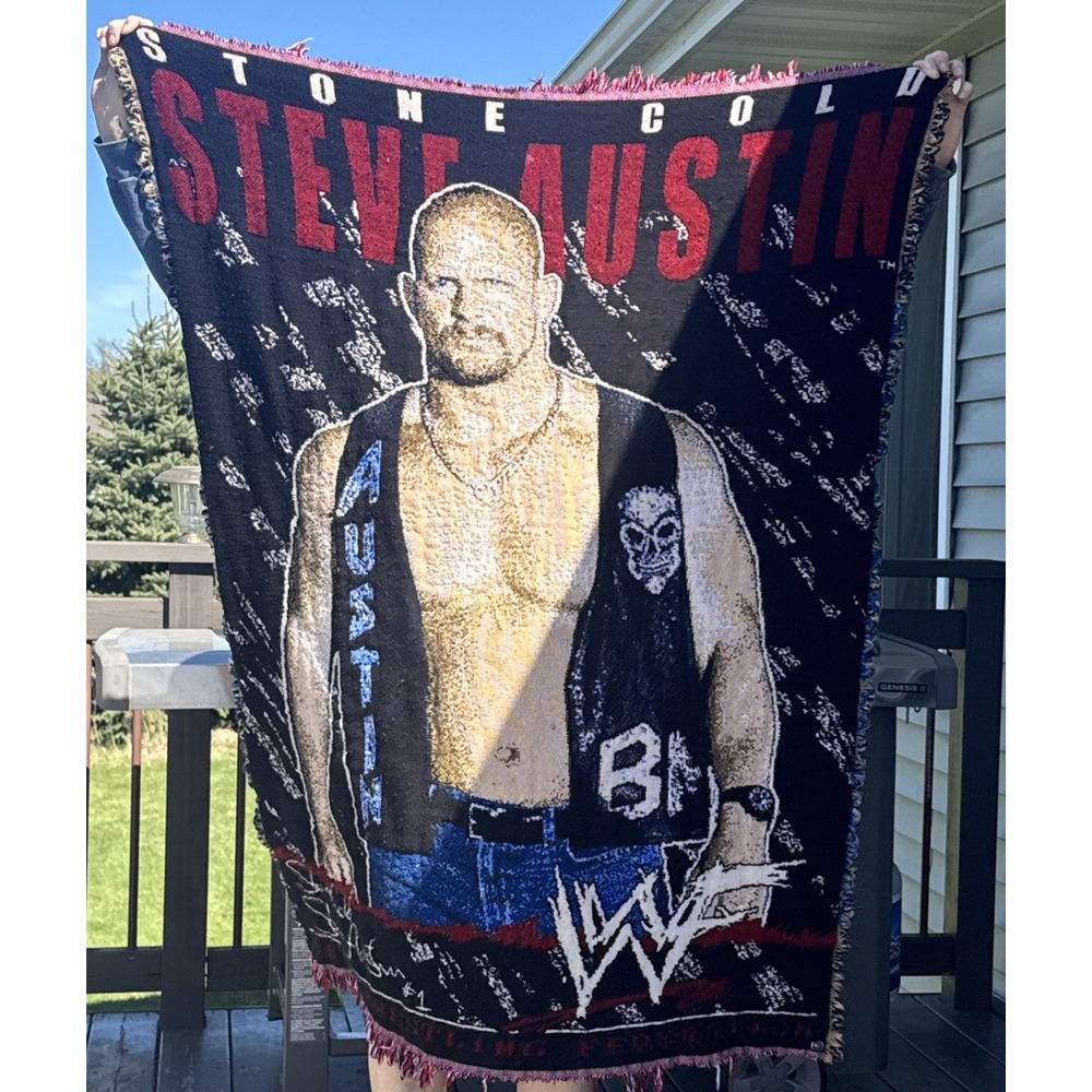 1999 WWF Stone Cold Steve Austin Tapestry Throw Blanket Wrestling WWE RAW Vtg